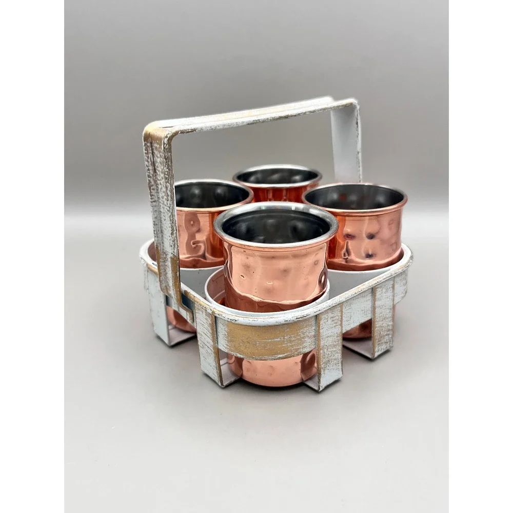 Hammered Copper Shot Glass Set of 4 with Distressed White‎ Metal Caddy Barware